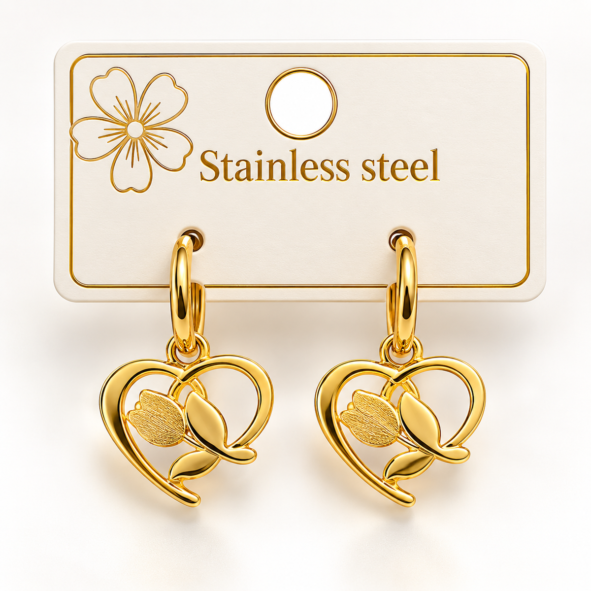 LUXURY GOLD-TONE STAINLESS STEEL CLOVER DROP HOOP EARRINGS
