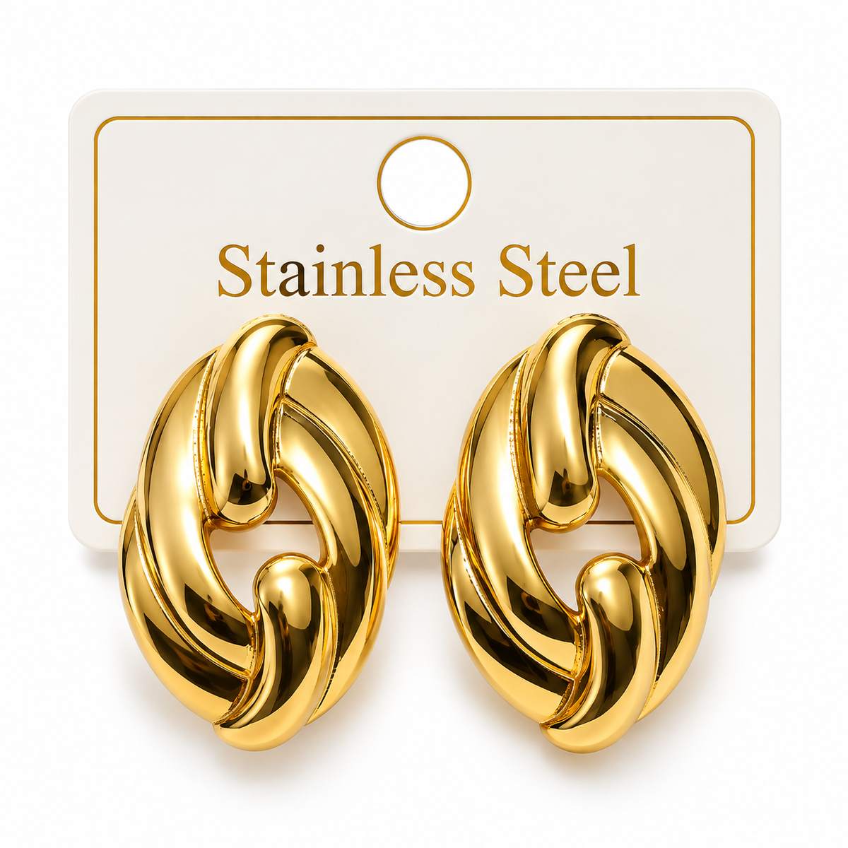 TWISTED OVAL STATEMENT LUXURY GOLD-TONE STAINLESS STEEL STUD EARRINGS