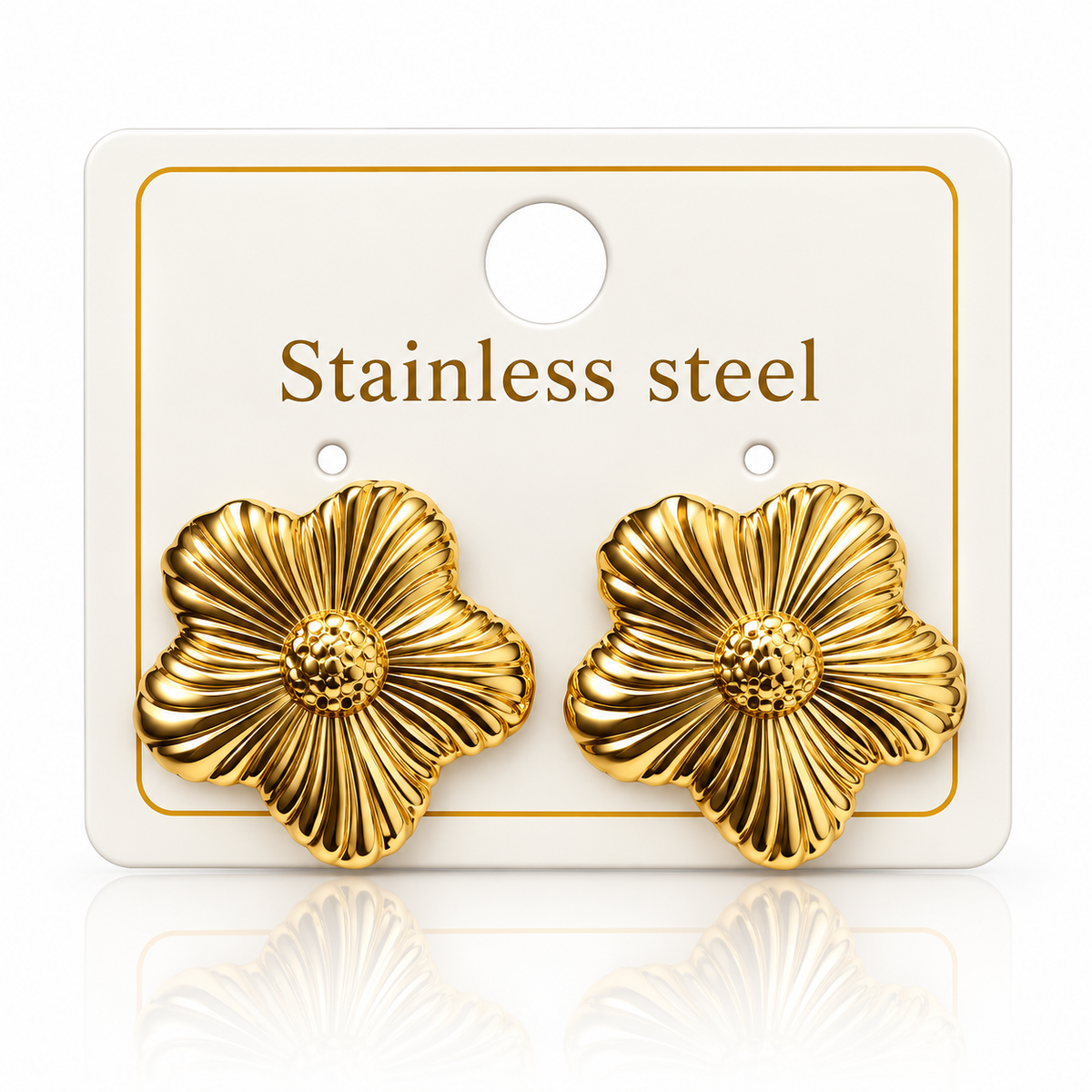 Gold-Tone Stainless Steel Ribbed Flower Stud Earrings