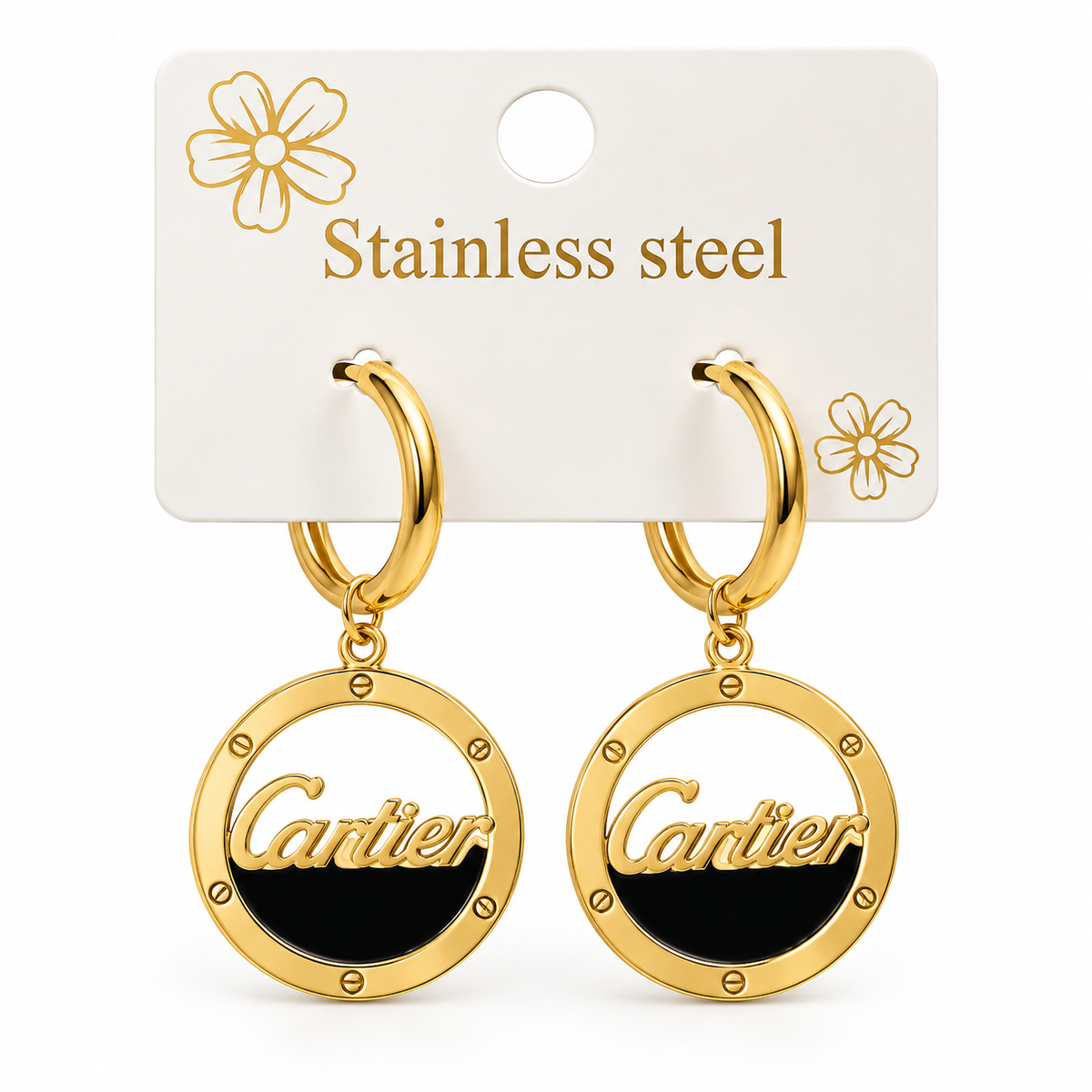 CARTIER-STYLE HOOP LUXURY GOLD-TONE STAINLESS STEEL DROP EARRINGS