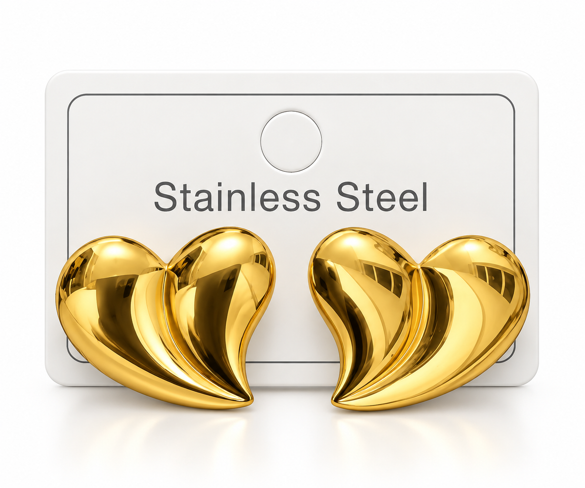 Gold-Tone Stainless Steel Double Heart Stud Earrings