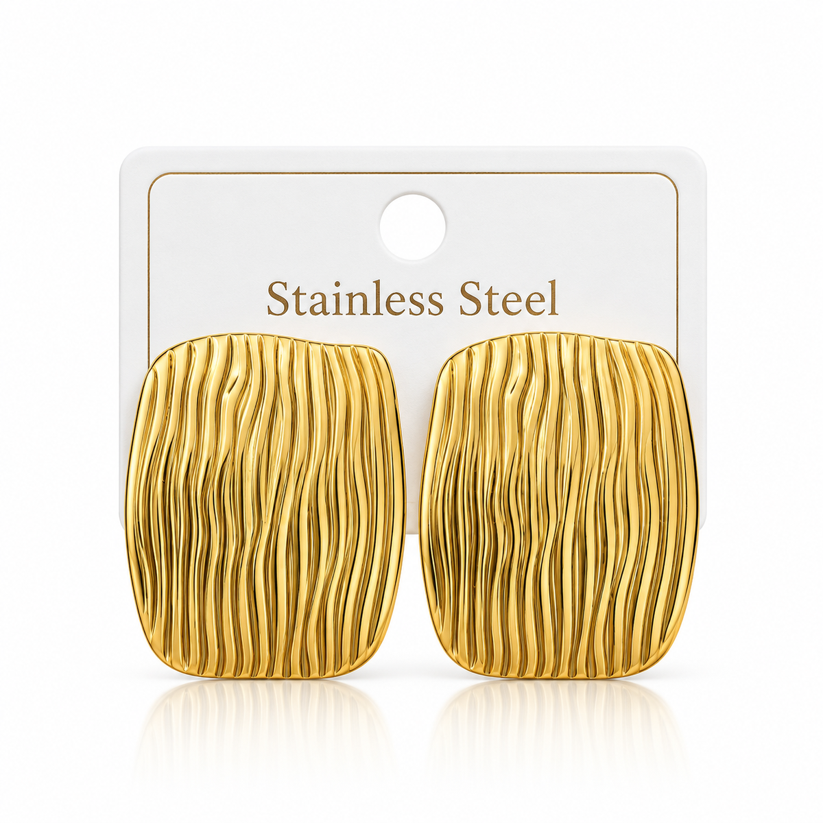 Gold Rectangular Ribbed Stainless Steel Statement Earrings