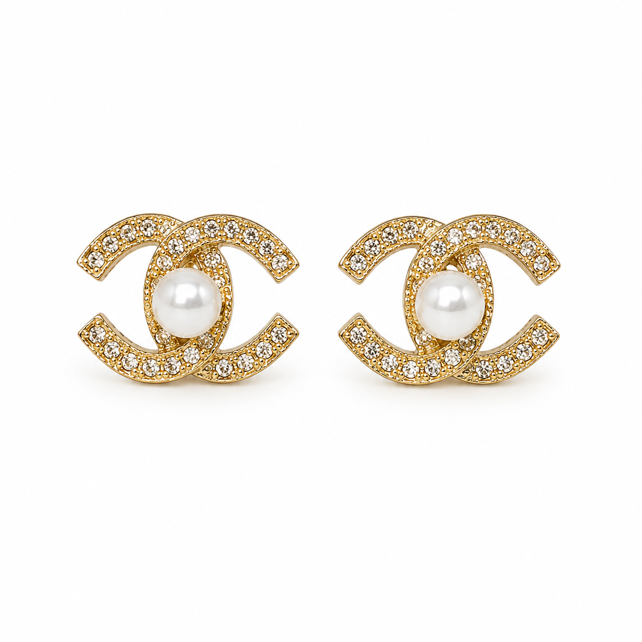 Gold Pearl Crystal Stud Earrings