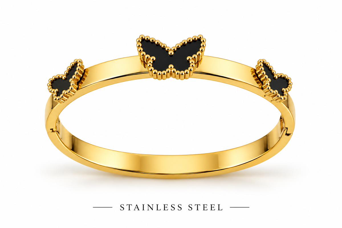 Gold-Tone Stainless Steel Butterfly Cuff Bracelet – Black