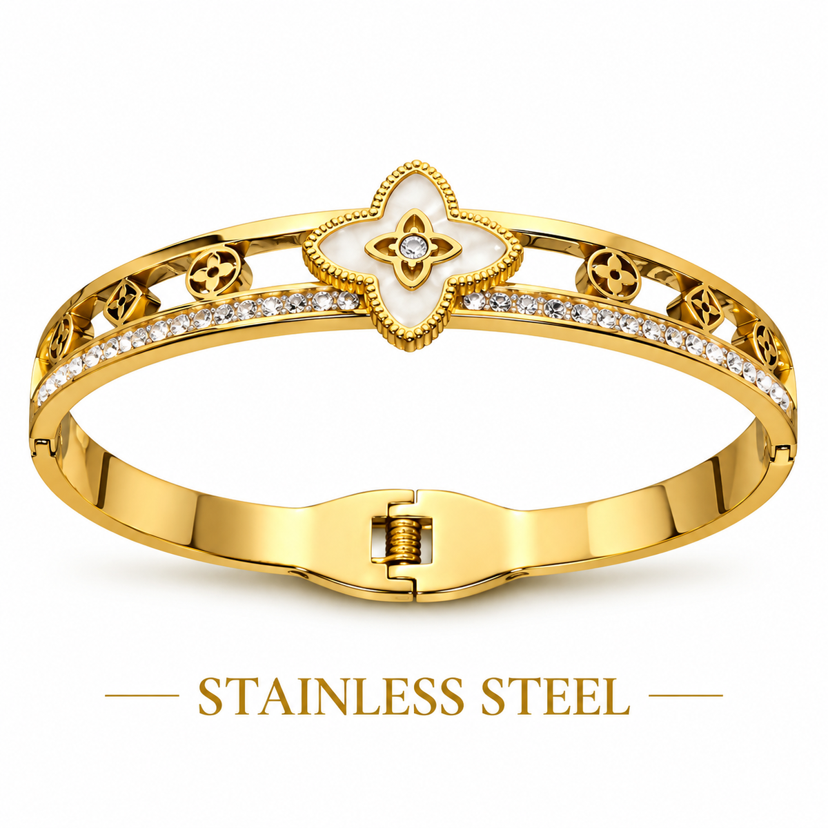 LUXURY GOLD-TONE STAINLESS STEEL CLOVER CRYSTAL BRACELET
