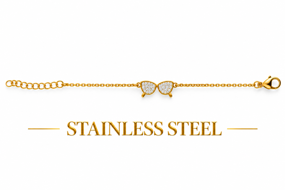 Gold-TONE STAINLESS STEEL CRYSTAL GLASSES CHARM BRACELET