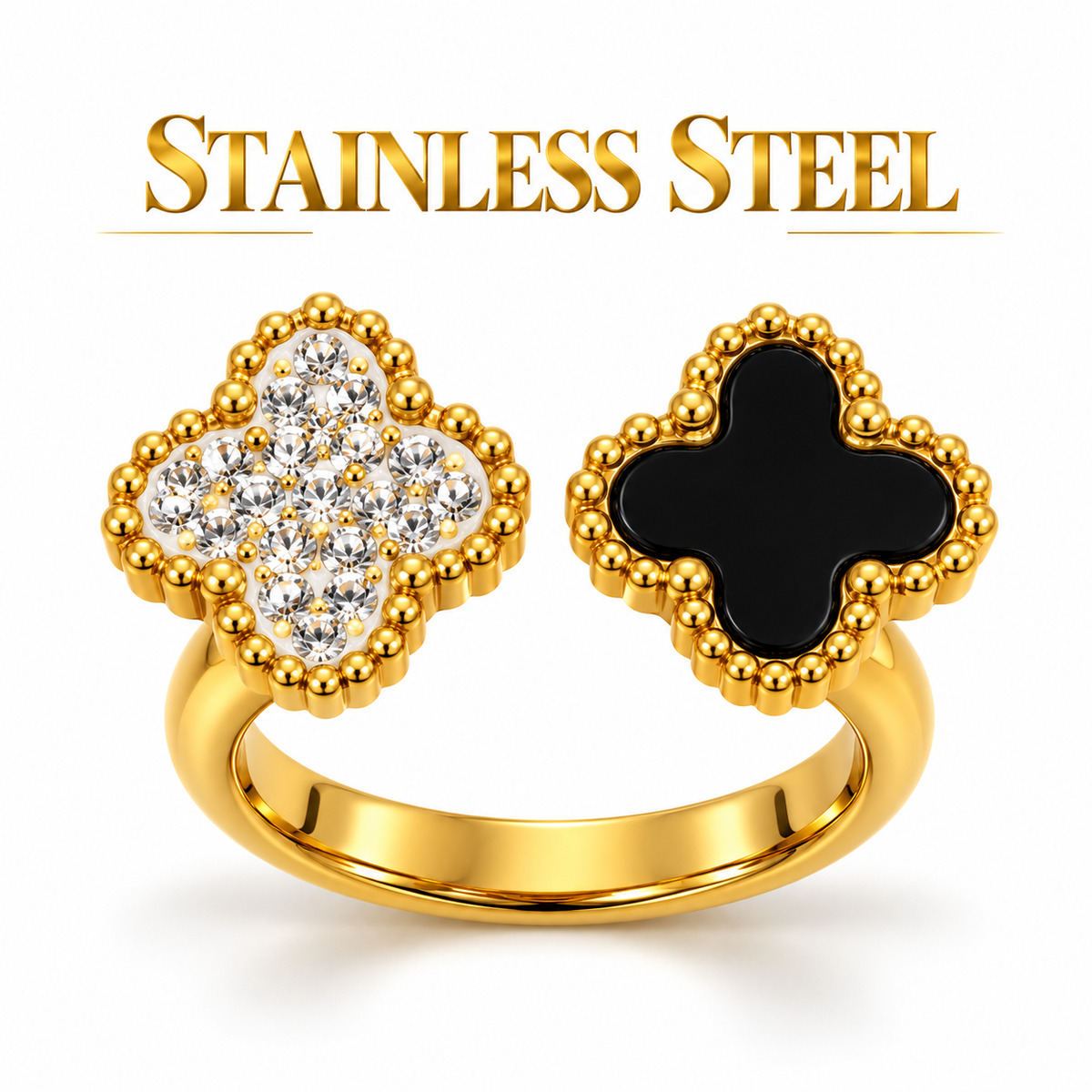 Gold-Tone Stainless Steel Clover Crystal & Black Ring – Size 17