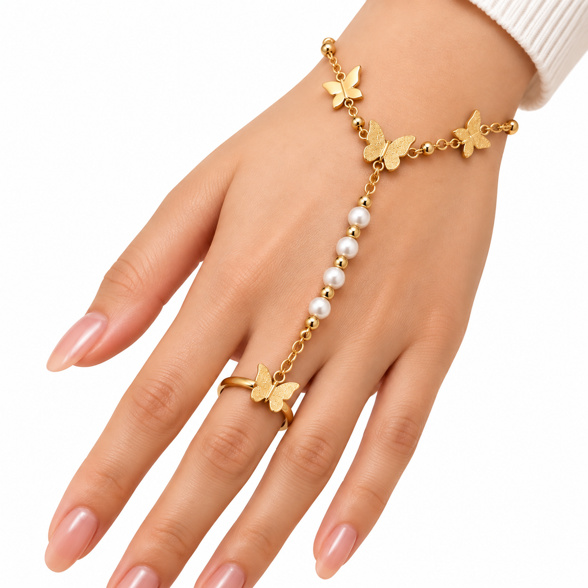 GOLDEN BUTTERFLY PEARL HAND CHAIN RING BRACELET