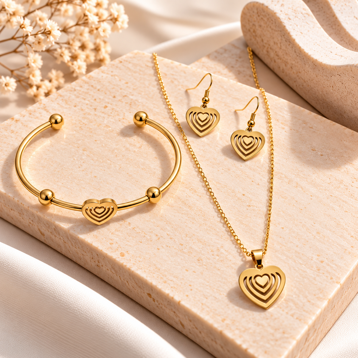 STAINLESS STEEL GOLD HEART JEWELLERY SET – NECKLACE, EARRINGS & OPEN CUFF