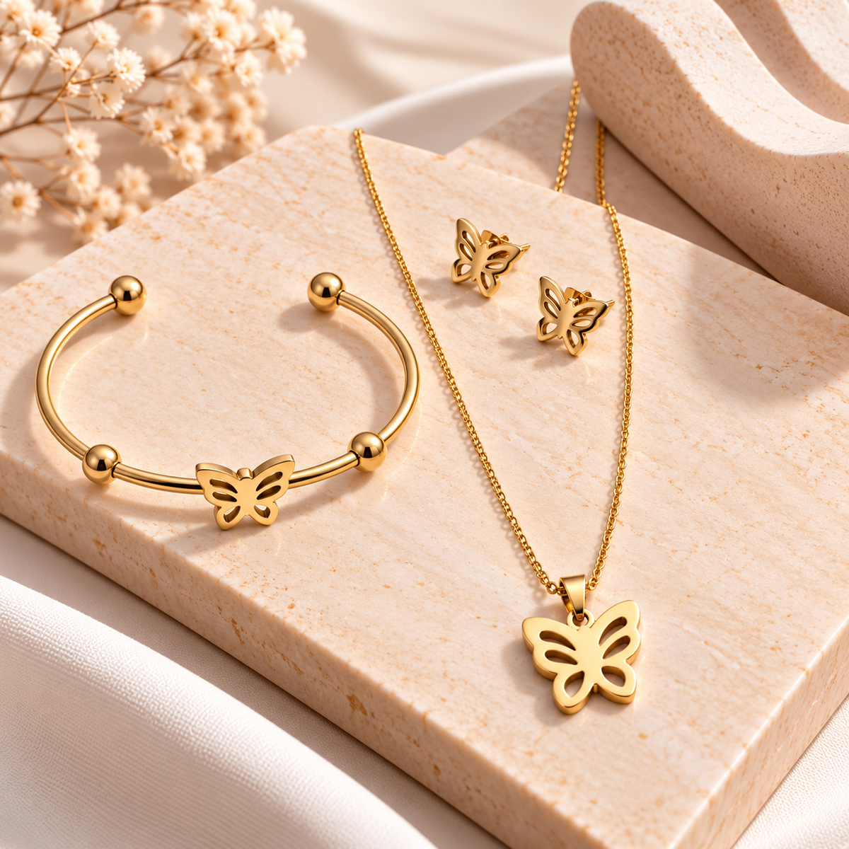 STAINLESS STEEL GOLD BUTTERFLY JEWELLERY SET – NECKLACE, EARRINGS & OPEN CUFF