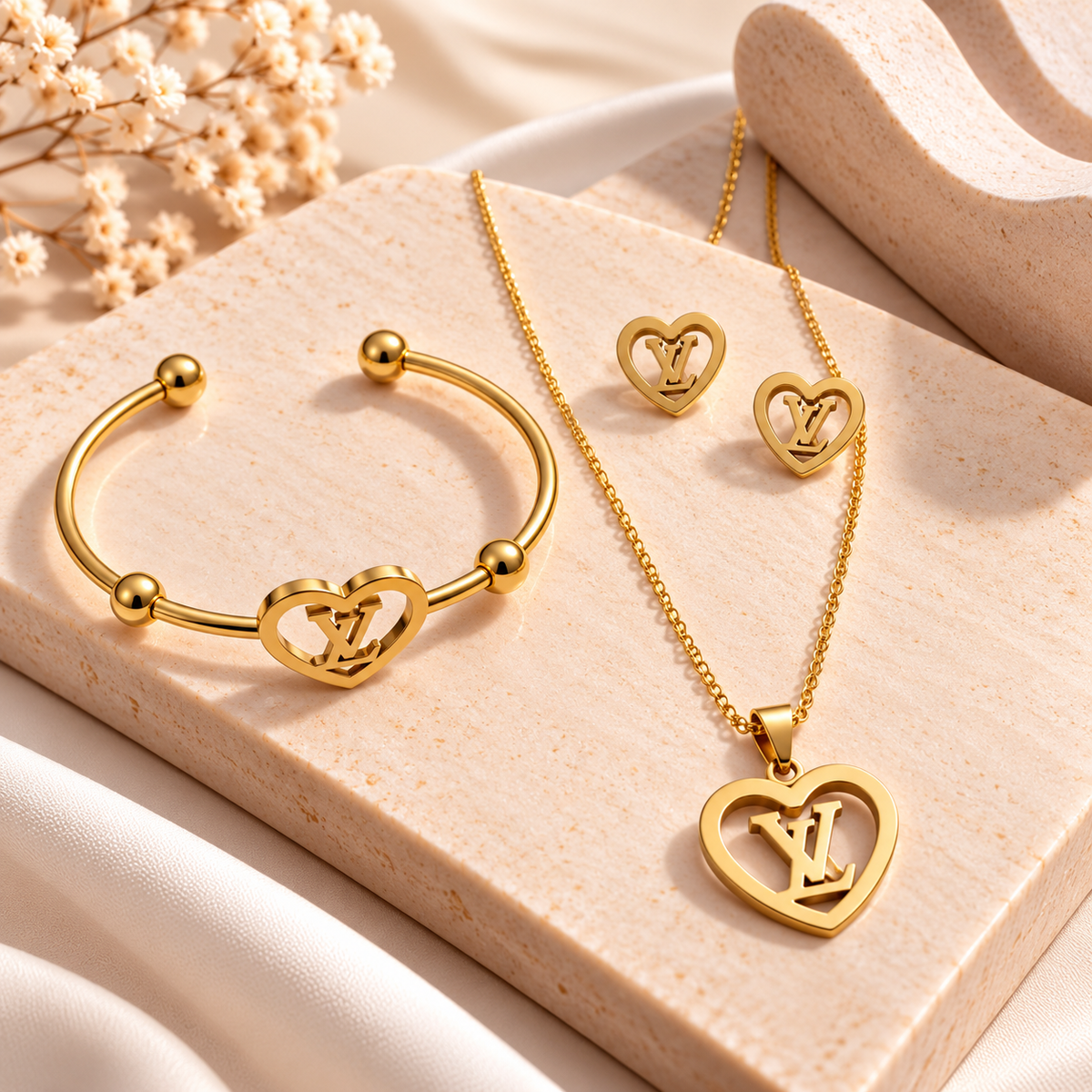 STAINLESS STEEL GOLD HEART MONOGRAM JEWELLERY SET – NECKLACE, EARRINGS & OPEN CUFF