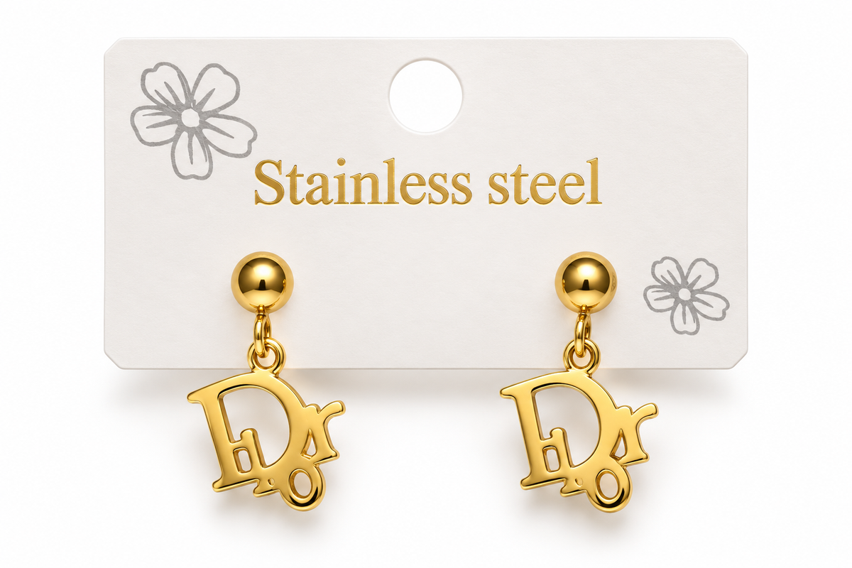 DIOR-INSPIRED GOLD-TONE STAINLESS STEEL MONOGRAM DROP EARRINGS
