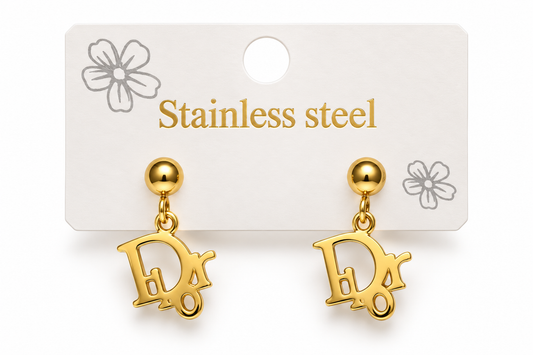 DIOR-INSPIRED GOLD-TONE STAINLESS STEEL MONOGRAM DROP EARRINGS