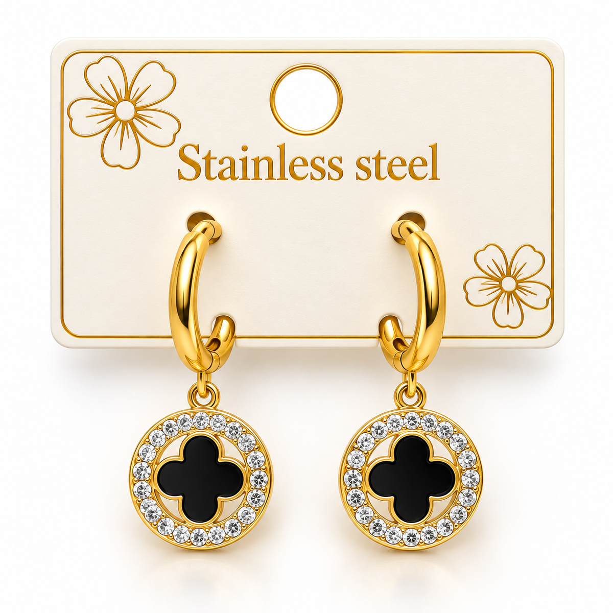 LUXURY GOLD-TONE STAINLESS STEEL CLOVER HOOP DROP EARRINGS