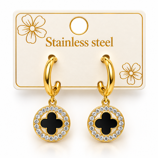 LUXURY GOLD-TONE STAINLESS STEEL CLOVER HOOP DROP EARRINGS