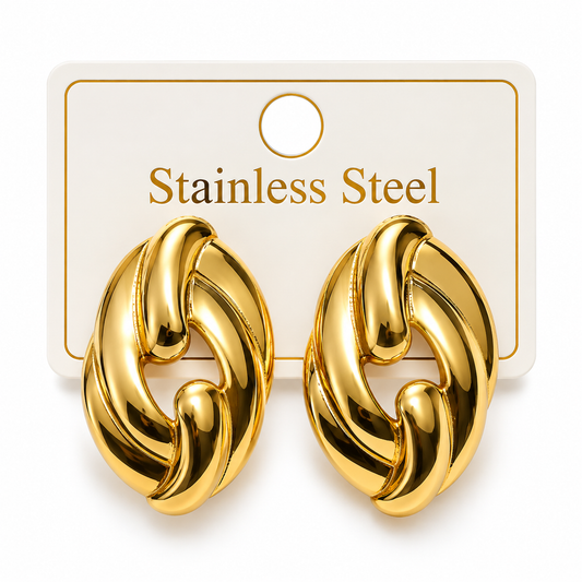 TWISTED OVAL STATEMENT LUXURY GOLD-TONE STAINLESS STEEL STUD EARRINGS