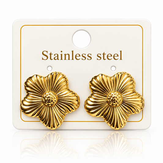 Gold-Tone Stainless Steel Ribbed Flower Stud Earrings