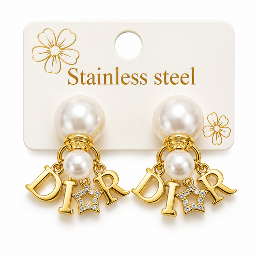 DIOR-INSPIRED GOLD-TONE PEARL DROP EARRINGS WITH CHARM DETAILS