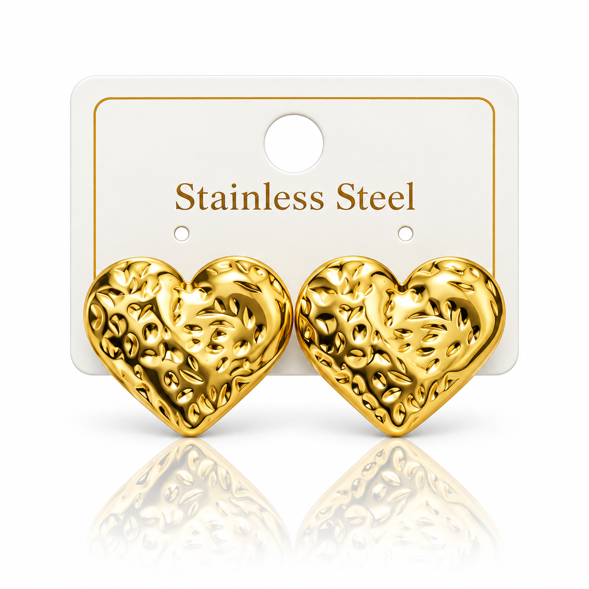 Gold Heart-Shaped Stainless Steel Textured Earrings