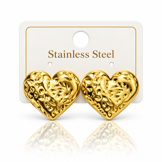 Gold Heart-Shaped Stainless Steel Textured Earrings