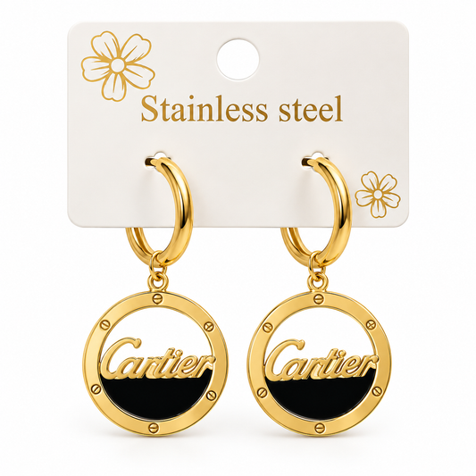 CARTIER-STYLE HOOP LUXURY GOLD-TONE STAINLESS STEEL DROP EARRINGS