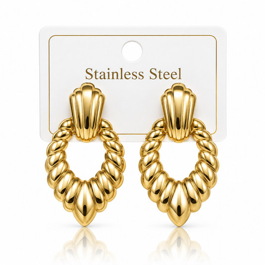 Gold Teardrop Braided Stainless Steel Statement Earrings