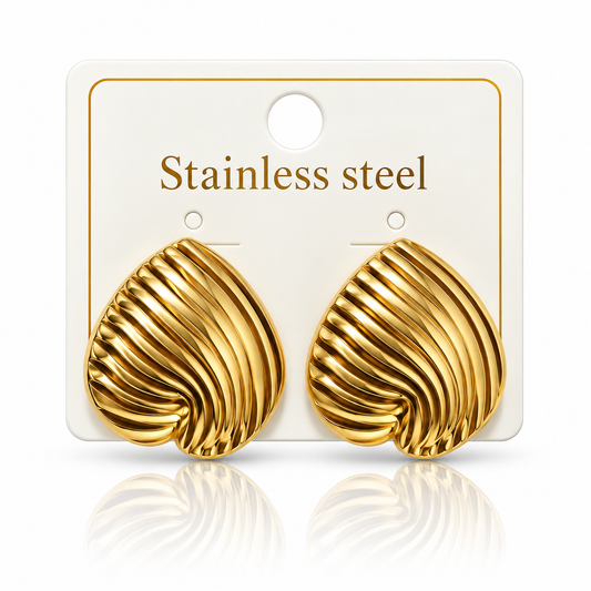 Gold-Tone Stainless Steel Ribbed Leaf Stud Earrings