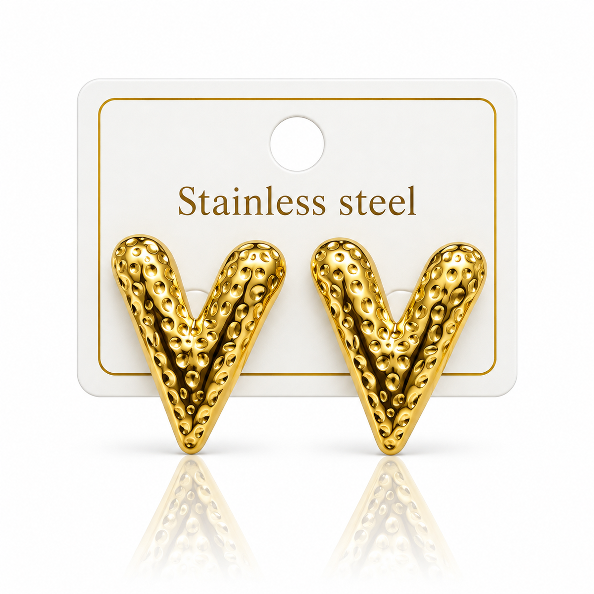 Gold V-Shaped Textured Stainless Steel Statement Earrings