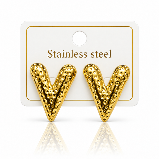 Gold V-Shaped Textured Stainless Steel Statement Earrings