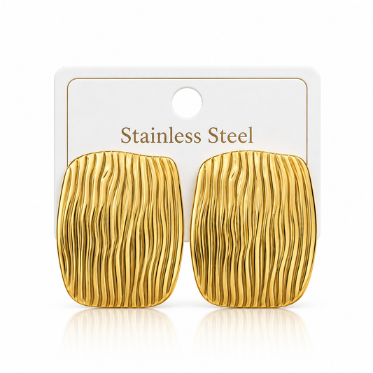 Gold Rectangular Ribbed Stainless Steel Statement Earrings