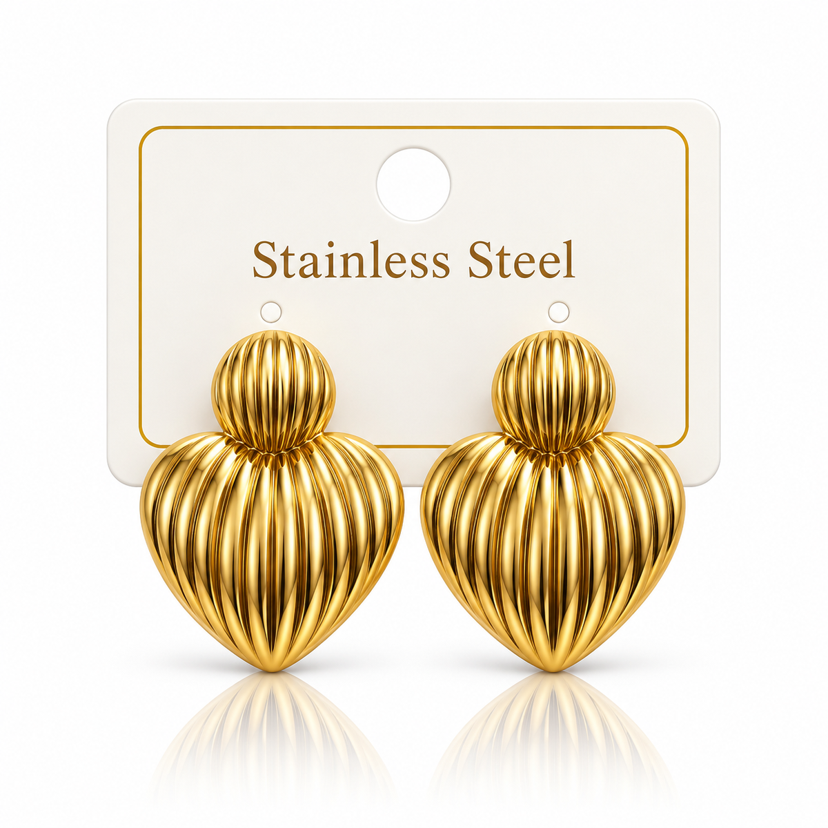 Gold Ribbed Heart-Shaped Stainless Steel Statement Earrings