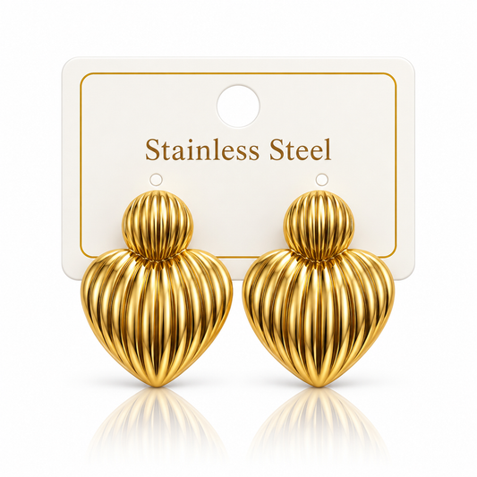 Gold Ribbed Heart-Shaped Stainless Steel Statement Earrings