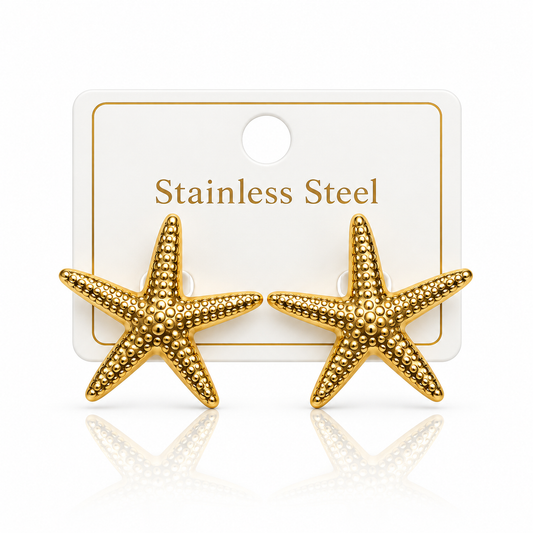 Gold Textured Starfish Stainless Steel Statement Earrings