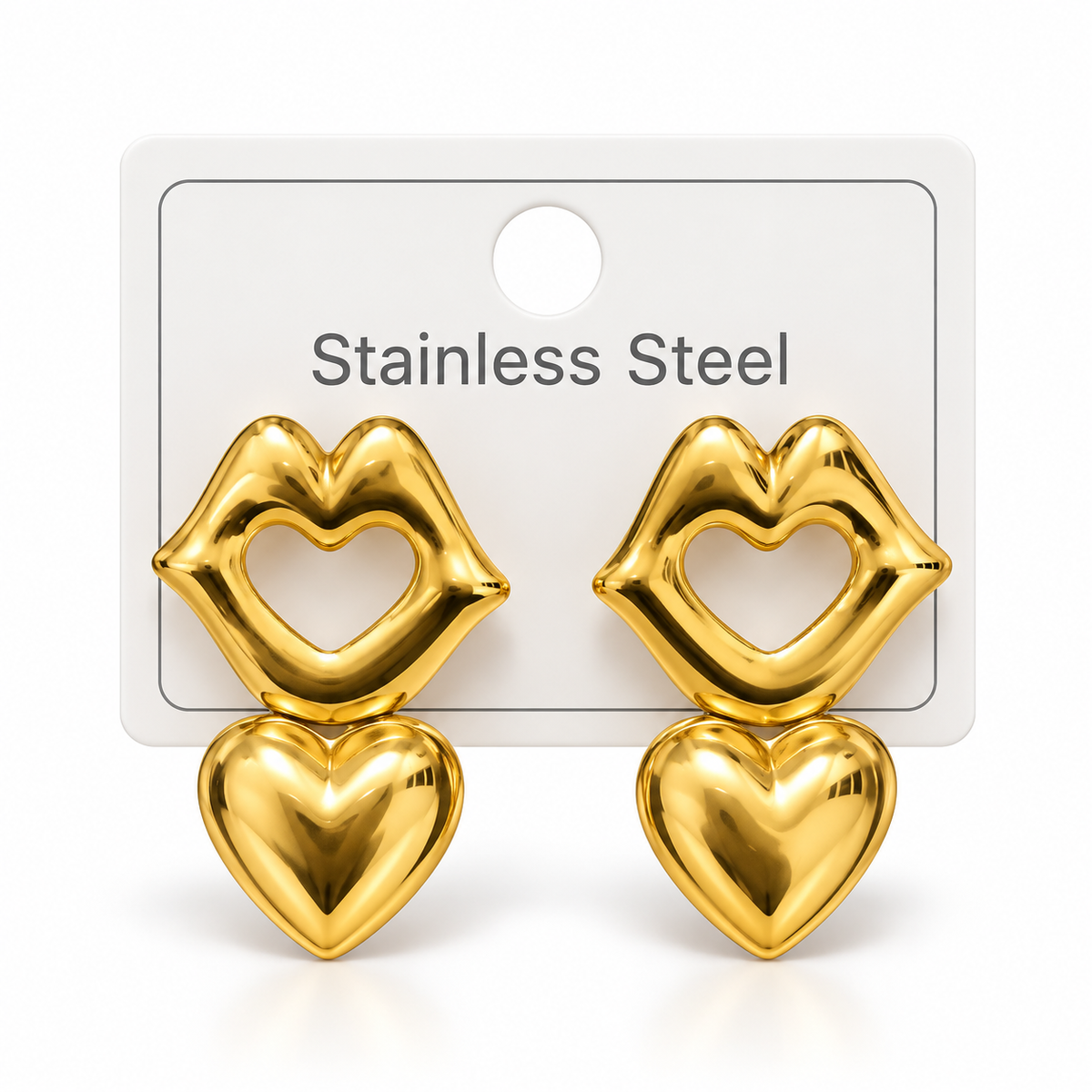 Gold-Tone Stainless Steel Double Heart Drop Earrings