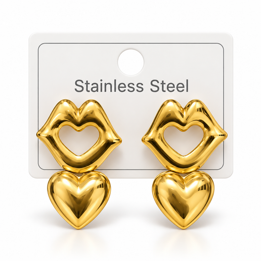 Gold-Tone Stainless Steel Double Heart Drop Earrings