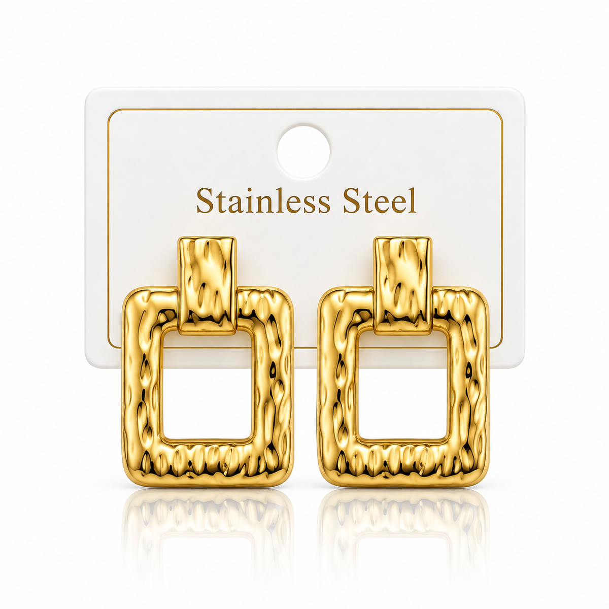 Gold Textured Square Stainless Steel Statement Earrings