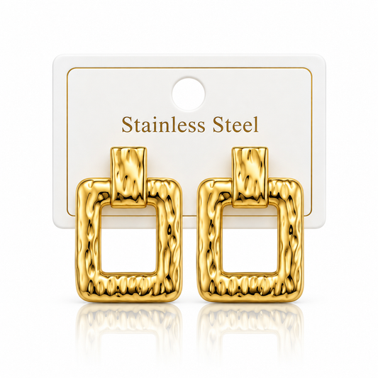 Gold Textured Square Stainless Steel Statement Earrings