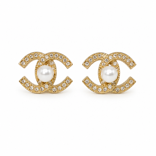 Gold Pearl Crystal Stud Earrings