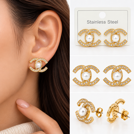 Gold Pearl Crystal Stud Earrings