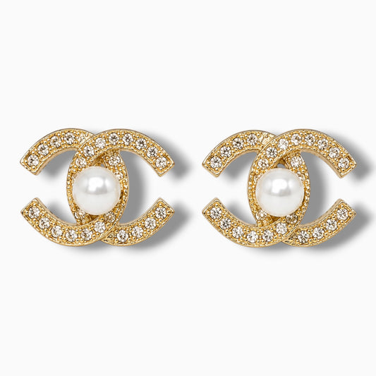 Gold Pearl Crystal Stud Earrings