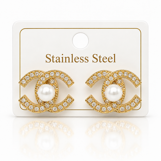 Gold Pearl Crystal Stud Earrings