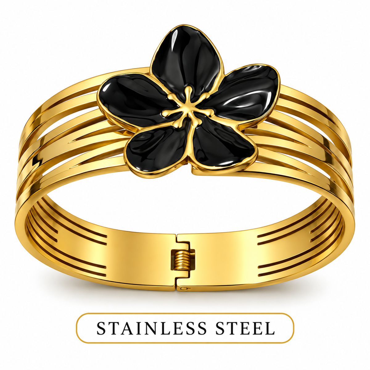 Black Flower Cuff Gold-Tone Stainless Steel Bracelet