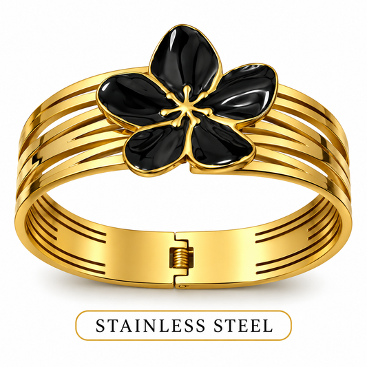 Gold-Tone Stainless Steel Black Flower Cuff Bracelet