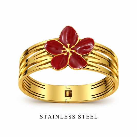 Gold-Tone Stainless Steel Red Flower Cuff Bracelet