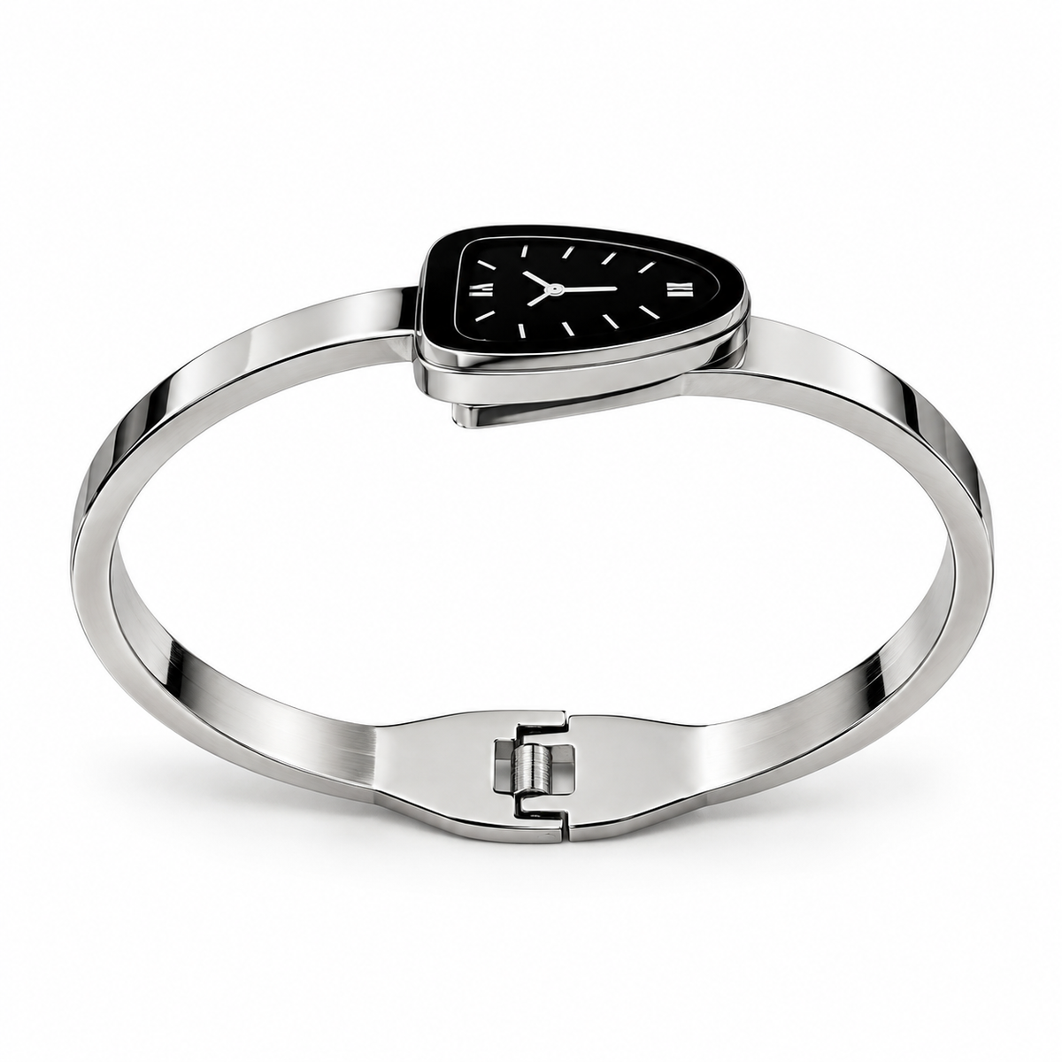 Silver-Tone Stainless Steel Black Dial Cuff Watch