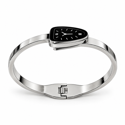 Black Dial Cuff Silver-Tone Stainless Steel Watch