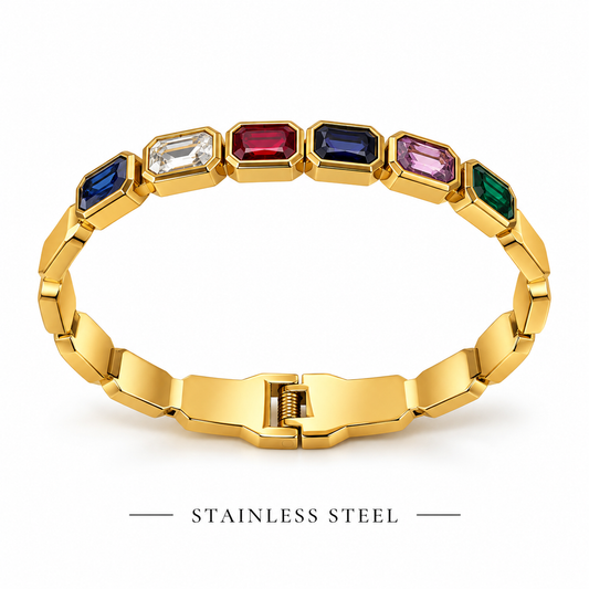 Gold-Tone Stainless Steel Multicolor Gemstone Link Bracelet