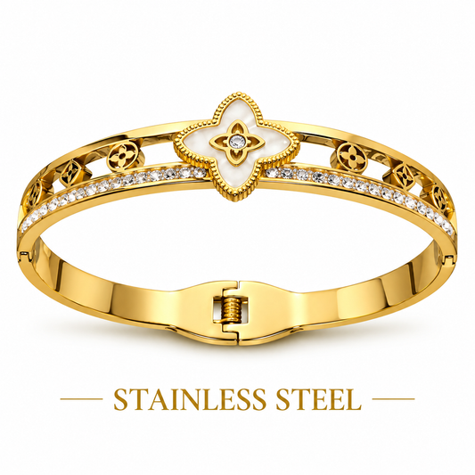 LUXURY GOLD-TONE STAINLESS STEEL CLOVER CRYSTAL BRACELET