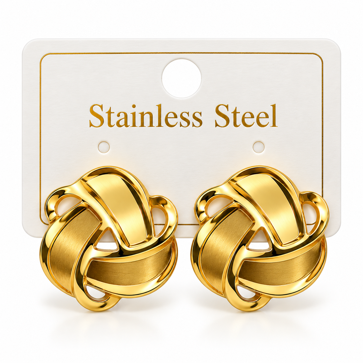 LUXURY GOLD-TONE STAINLESS STEEL INTERLOCKING KNOT STATEMENT STUD EARRINGS
