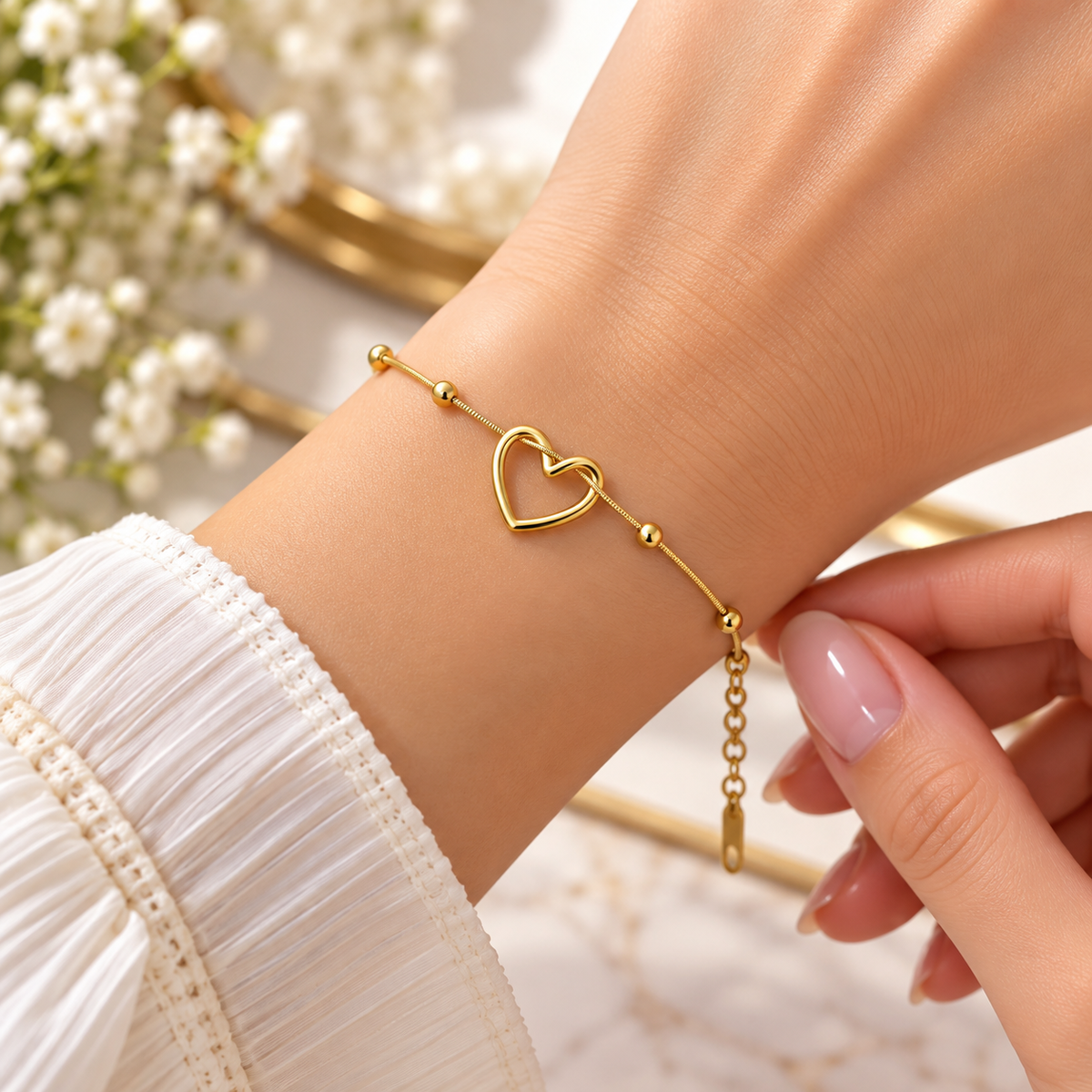 GOLD-TONE STAINLESS STEEL HEART BEAD BRACELET